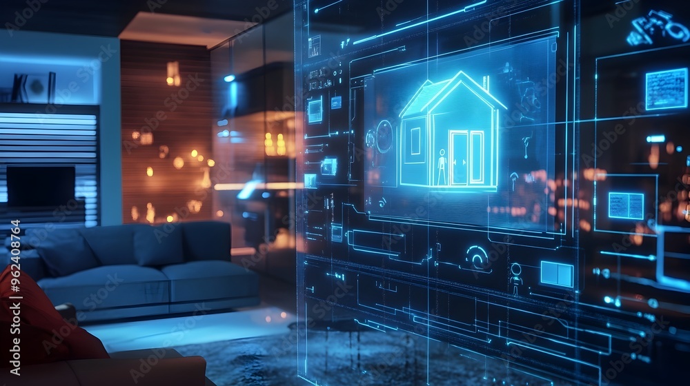 Poster holographic display showcasing the control of a smart home automation system powered by intelligence