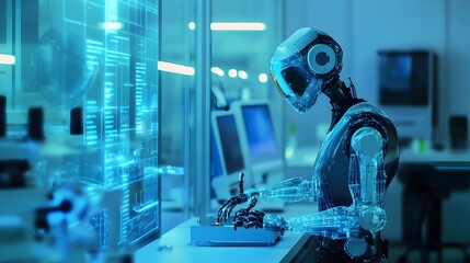 Holographic display showcasing advanced AI driven robotic systems performing complex tasks and workflows in a cutting edge laboratory environment focused on research innovation