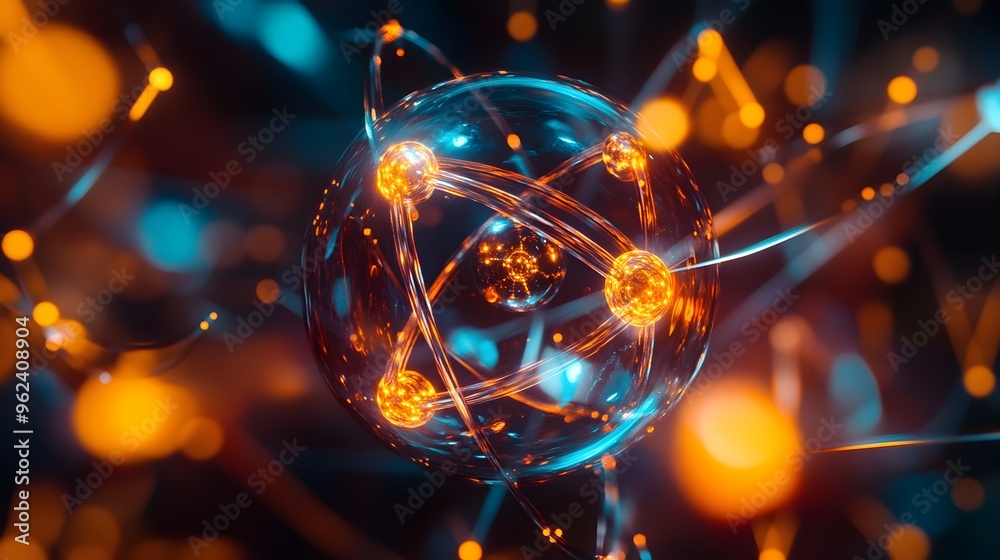 Poster holographic display of detailed atomic structure with orbitals and electrons showcasing the intricat