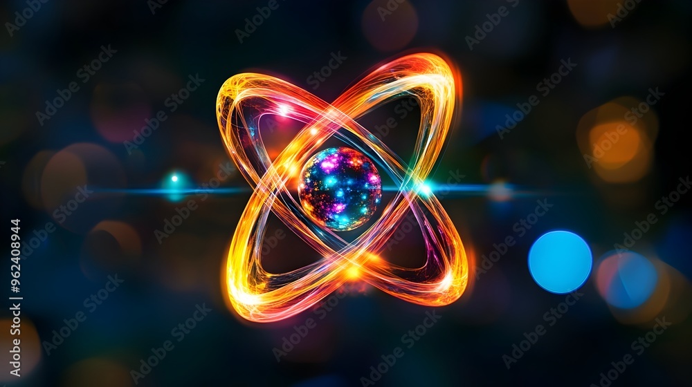 Poster holographic display showcasing the intricate electron cloud model of an atom rendered in a spectrum 