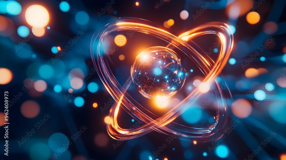 Poster mesmerizing hologram showcasing a rotating atomic structure with emphasis on the dynamic electron or
