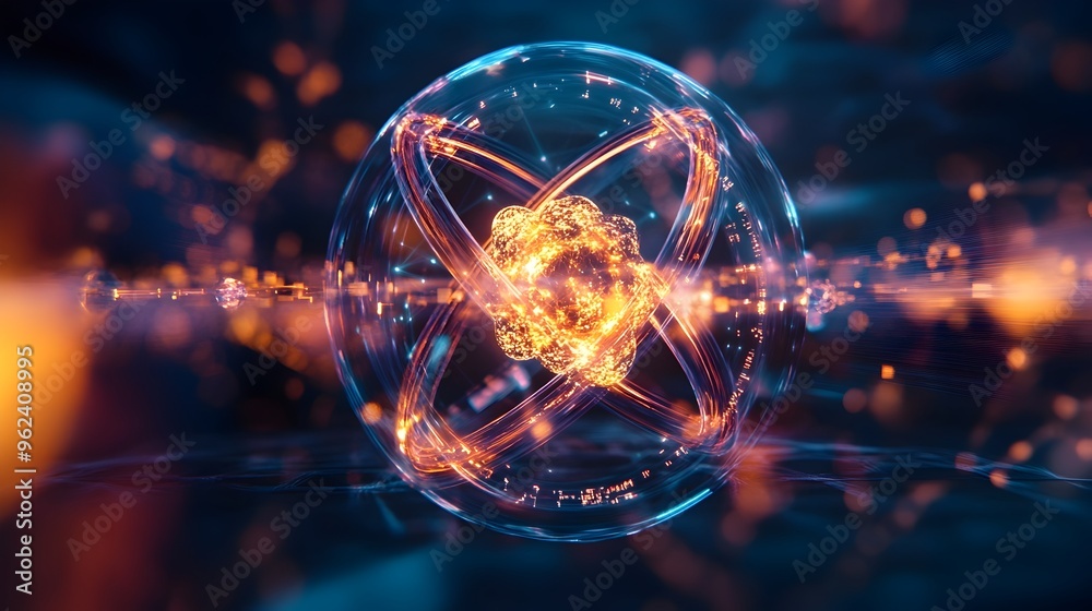 Poster holographic representation of a complex atomic structure with intricate energy levels showcasing the