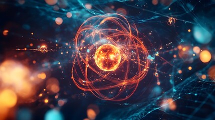 Detailed Holographic Visualization of Atomic Structure with Orbitals and Electrons Displaying Digital Scientific Data and Technology Concept