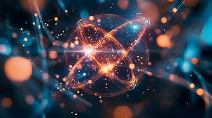 A captivating digital hologram showcasing the intricate dance of an atomic structure with a focus on the mesmerizing electron orbits