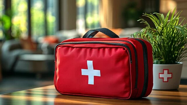 Red first aid kit on a wooden table in a home setting.