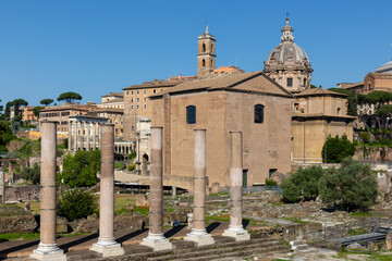 Panoramic view of the Roman Forum, including the Monument to Vittorio Emanuele II, the Tempio della...