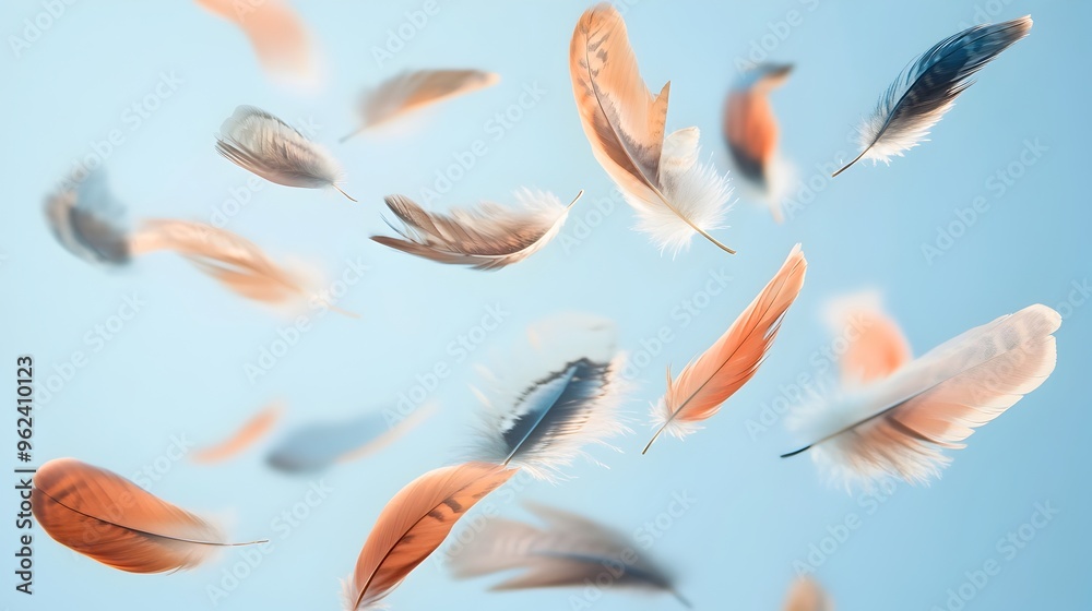Poster a conceptual image showcasing a collection of feathers in various sizes and hues drifting and floati