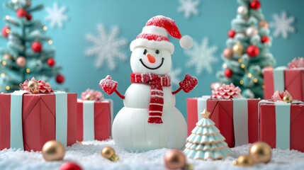 Adorable snowman with a red scarf and hat, surrounded by wrapped gifts and Christmas trees on a snowy backdrop.