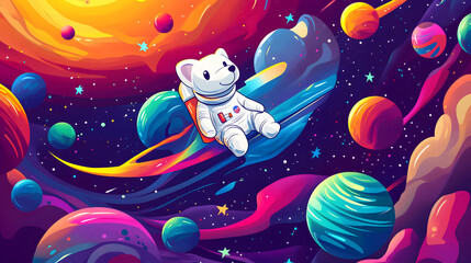 Naklejka premium Dog Astronaut flying outer space among colorful planets and stars cartoon illustration