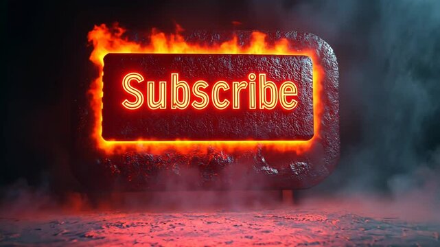 A fiery subscribe button animation on a dark background.