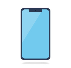 Flat design illustration. Mobile phone front. Black color smartphone with blue screen.