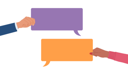 Hands of coworkers holding conversation bubbles.  Employees are men and women of different ethnic backgrounds. Flat design illustration.