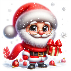 Cute Santa Claus illustration in snowy landscape with scarf and wool hat. Christmas Celebration Time