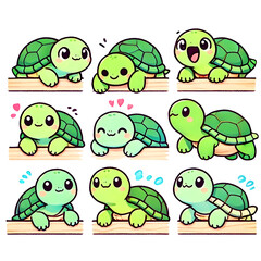 Obraz premium Cute playful turtles cartoon illustrations with various expressions on transparent background, logo characters for prints 