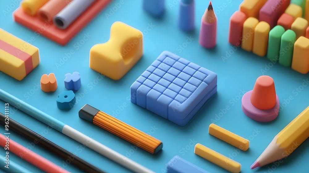 Poster conceptual image of a set of vibrant geometric erasers in different shapes and colors arranged on a 