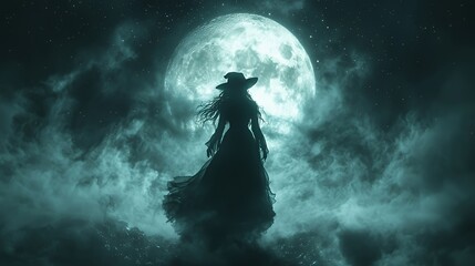 Silhouette of a woman in a long dress and hat standing in front of a large, full moon in a night sky with clouds and stars.