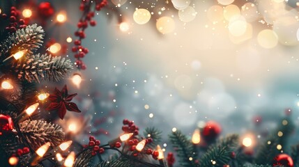 Festive evergreen branches with red berries and warm lights, creating a cozy holiday atmosphere with a soft bokeh background and snowfall.
