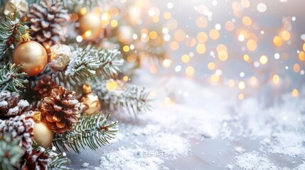 Obraz premium Golden pinecones and ornaments nestled in snow, surrounded by twinkling lights and bokeh in the background.