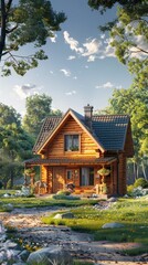 Fototapeta premium A charming wooden cabin nestled in the heart of a lush serene countryside landscape surrounded by towering trees a babbling stream and a picturesque mountain backdrop