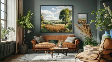 Living Room with Leather Sofa, Plants, and Framed Landscape Painting