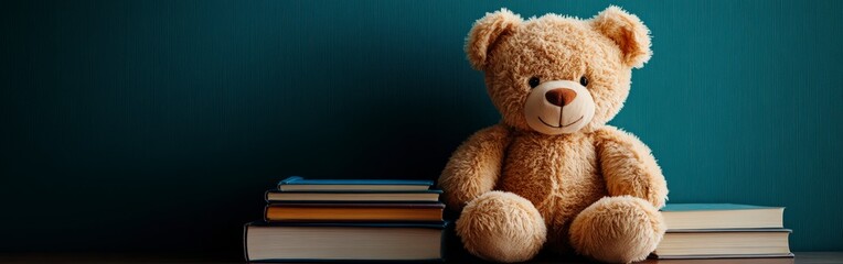 Obraz premium Soft Teddy Bear on Colorful Children's Books for Cozy Reading Time