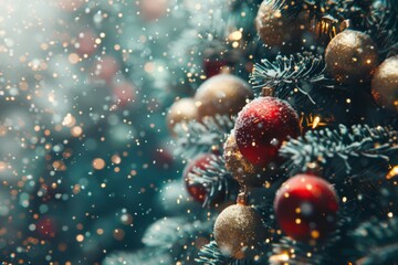 Red and gold Christmas ornaments on a frosted tree, surrounded by sparkling lights and soft falling snow, creating a festive winter scene.