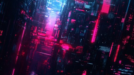Abstract digital background with pink and blue neon lights.