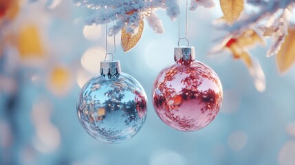 Frosted Christmas baubles in soft pink and blue tones hanging from snow-covered branches with a dreamy, wintery background.