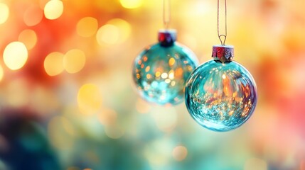 Obraz premium Two teal-colored Christmas ornaments hanging against a backdrop of warm, glowing bokeh lights, creating a bright holiday setting.