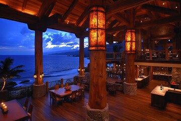 Stunning beachfront restaurant interior with wooden beams and ocean view during twilight hours. Generative AI