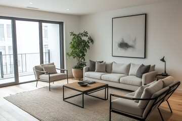 Fototapeta premium Modern living room with a beige sofa, two chairs, and a coffee table in front of large windows.