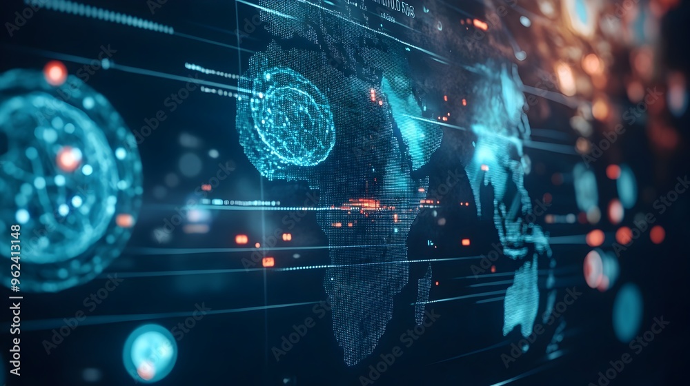 Poster holographic interface showcasing comprehensive data and analytics on the monkeypox outbreak across t