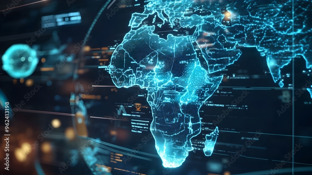 Poster holographic overlay of a map of africa highlighting monkeypox hotspots and trends with ample copy sp