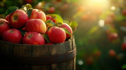 Freshly Harvested Red Apples in a Rustic Wooden Barrel under the Sunlit Orchard Sky