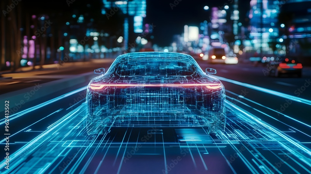Poster holographic visualization of ai powered features and functions in the future of autonomous vehicle t