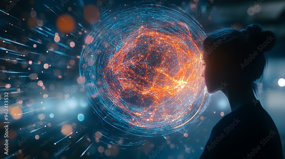 Poster A captivating holographic display showcasing the dynamic and interactive visualization of an advanced algorithm representing the cutting edge of technological innovation and digital solutions