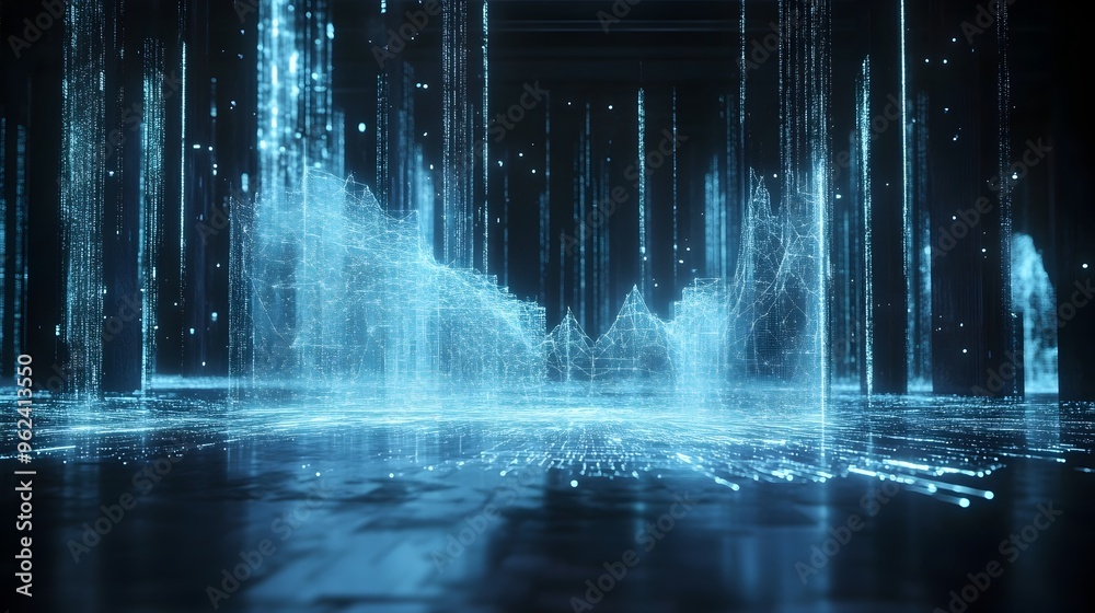 Poster holographic projection showcasing the dynamic and responsive visualization of an algorithm as an int
