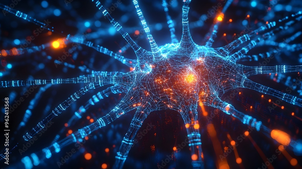 Poster holographic visualization depicting the intricate structure and components of a complex neural netwo
