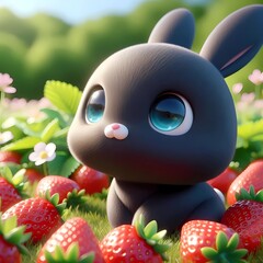 Naklejka premium Schwarzer Hase im Erdbeerfeld