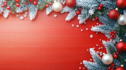 Frosted pine branches with red and gold ornaments, set against a vibrant red wooden backdrop, with snowflakes scattered across the surface.