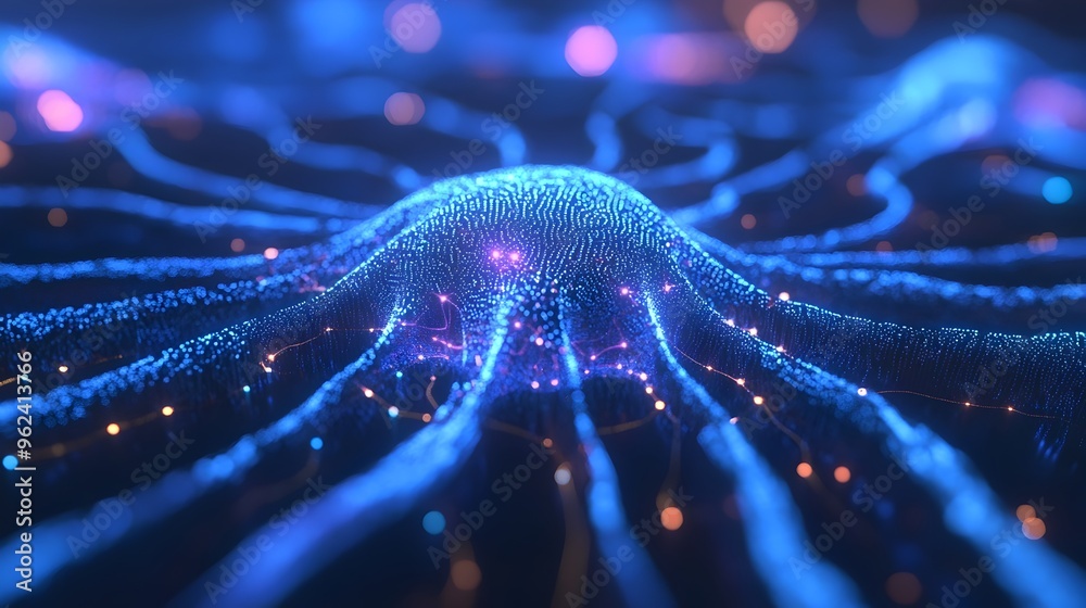 Poster holographic visualization of a neural network model depicting its intricate components data structur