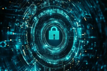Fototapeta premium Cybersecurity Fortress: An abstract digital padlock glows within a complex technological network, representing robust data protection and online security. 