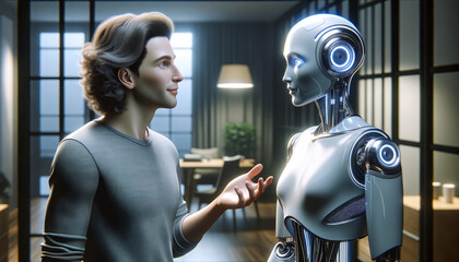 A man and a robot are having a conversation in a room with a wooden floor and a lamp in the corner.