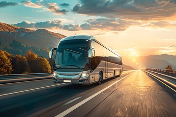 Bus on the highway at night. Concept of travel and transport.