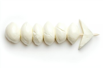 Mozzarella Skew: Fresh mozzarella balls neatly arranged on a wooden skewer, set against a pristine white background.  