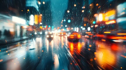 Intense rainfall pours down on a city street creating a blurred atmospheric scene with illuminated lights and vehicles moving through the wet environment