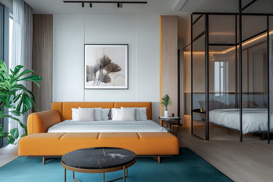 Stylish hotel bedroom interior with sofa and bed, glass partition. Mockup frame