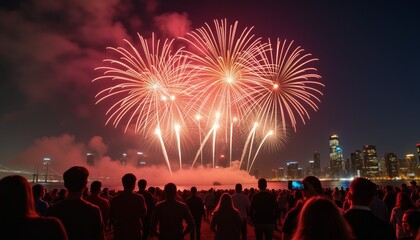 Obraz premium A crowd gathered at night, watching a vibrant fireworks display lighting up the sky, evoking a sense of celebration and awe.