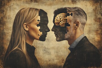 Thought center Neuro brain Vintage style profile of a couple with exposed brains highlights the raw intellectual and emotional exchange in human connections