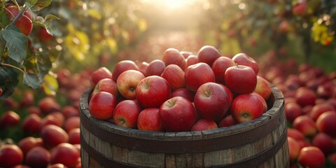 Freshly Harvested Red Apples in a Rustic Wooden Barrel under the Sunlit Orchard Sky